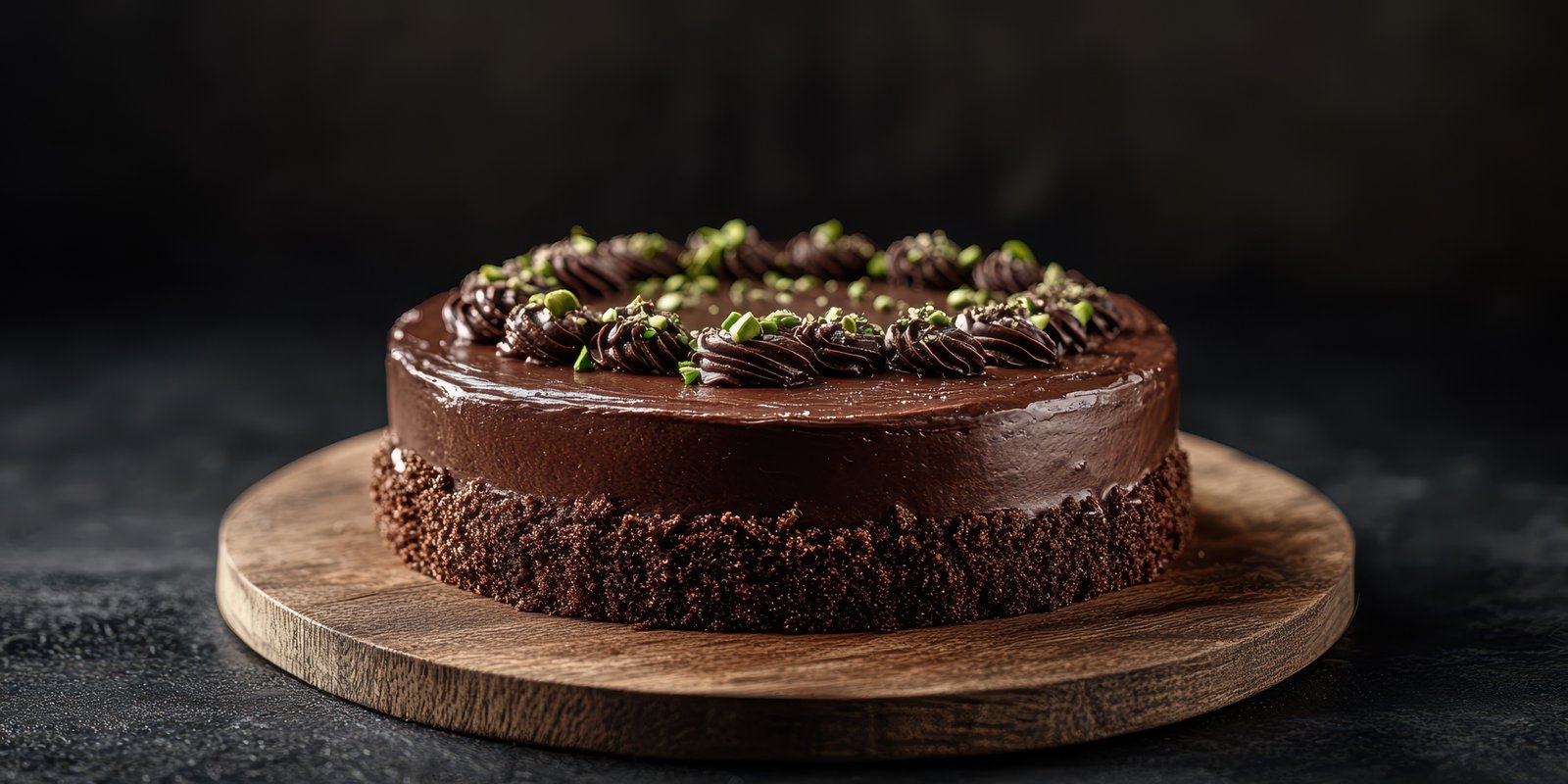 Decadent chocolate cake decorated with cream and nuts served on wooden board
